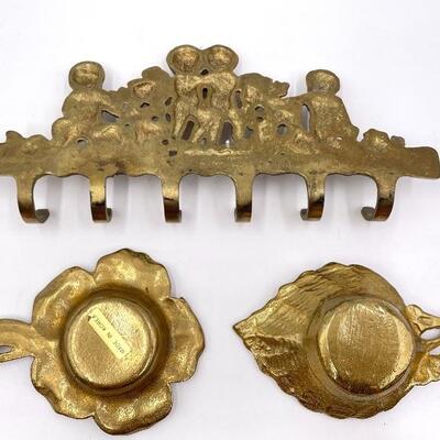 VINTAGE BRASS WALL HOOKS AND SMALL FLORAL TRAYS/CANDLE HOLDERS
