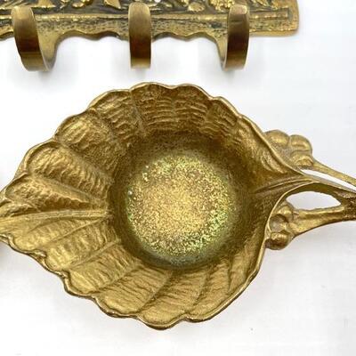 VINTAGE BRASS WALL HOOKS AND SMALL FLORAL TRAYS/CANDLE HOLDERS