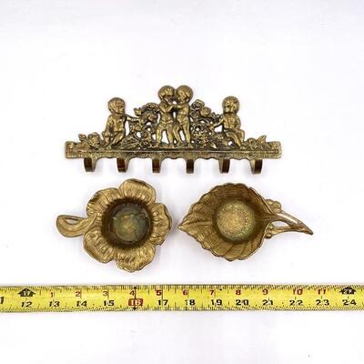 VINTAGE BRASS WALL HOOKS AND SMALL FLORAL TRAYS/CANDLE HOLDERS