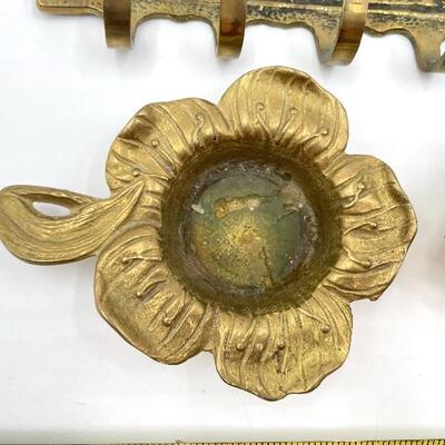 VINTAGE BRASS WALL HOOKS AND SMALL FLORAL TRAYS/CANDLE HOLDERS