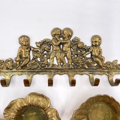 VINTAGE BRASS WALL HOOKS AND SMALL FLORAL TRAYS/CANDLE HOLDERS