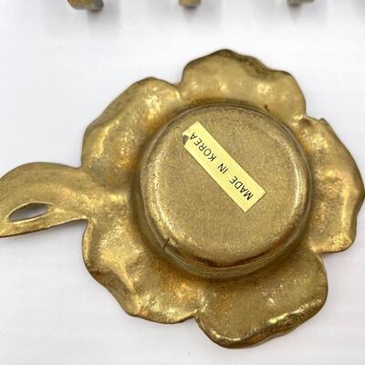 VINTAGE BRASS WALL HOOKS AND SMALL FLORAL TRAYS/CANDLE HOLDERS