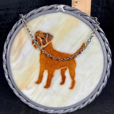 Hand-painted dog on framed slag glass with hanger for hanging on wall