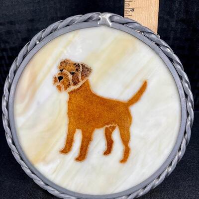 Hand-painted dog on framed slag glass with hanger for hanging on wall