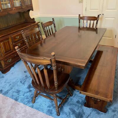 Vintage BROYHILL Wood Trundle Dining Table, Chairs, and Bench