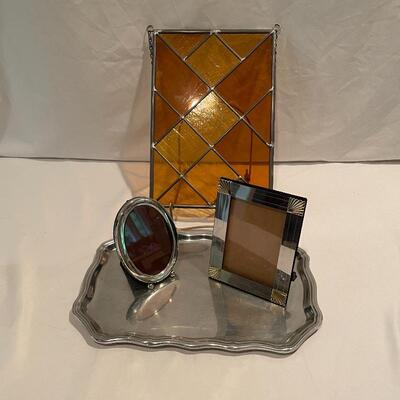 Lot 258 - Gorham Sterling Frame w/ Stain Glass & Pewter Tray
