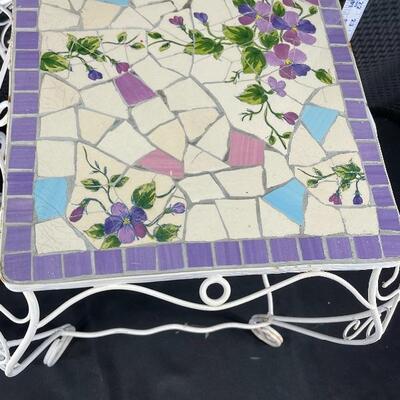 Mosaic Tile Top White Wrought Iron Garden Table Plant Stands
