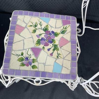 Mosaic Tile Top White Wrought Iron Garden Table Plant Stands