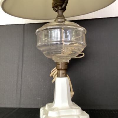 B1045 Vintage Electrified Oil Lamp with Milk Glass Base