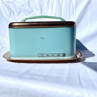 Vintage Lincoln Ware Aqua Enamel & Copper Cake Carrier