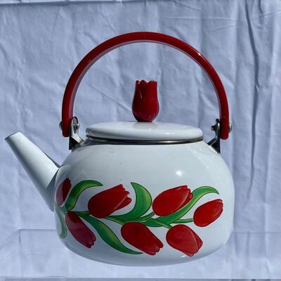 Vintage Enamelware Tulip Tea Kettle