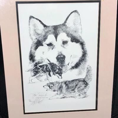 Vintage Artist Signed & Numbered Husky Dog Artwork 1986