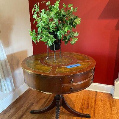 Lot 76 - Vintage Drum Table and Faux Plant