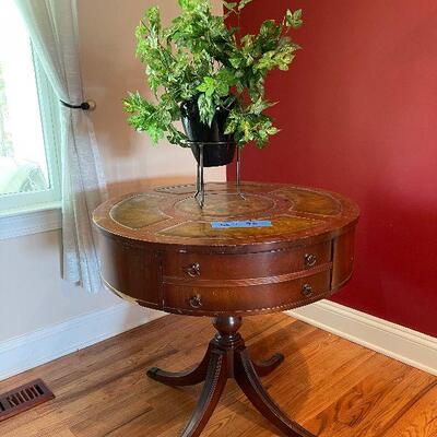 Lot 76 - Vintage Drum Table and Faux Plant