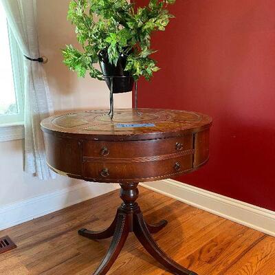 Lot 76 - Vintage Drum Table and Faux Plant