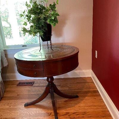 Lot 76 - Vintage Drum Table and Faux Plant