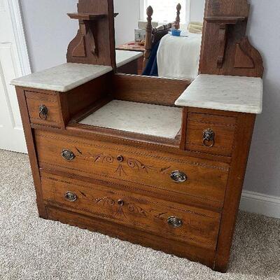 Lot 94 - Antique Marble Top Dresser with Mirror