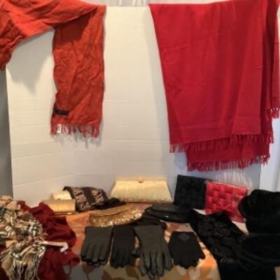 U - 1208 Ladies Clothing Lot - Evening Hand Bags, Scarves, Gloves 