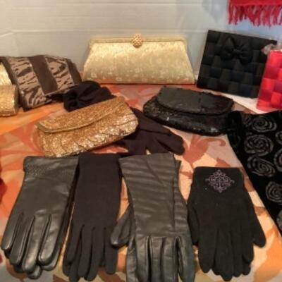 U - 1208 Ladies Clothing Lot - Evening Hand Bags, Scarves, Gloves 
