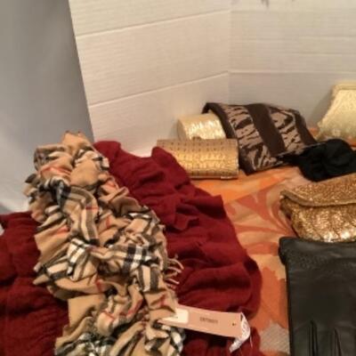 U - 1208 Ladies Clothing Lot - Evening Hand Bags, Scarves, Gloves 