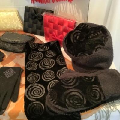 U - 1208 Ladies Clothing Lot - Evening Hand Bags, Scarves, Gloves 