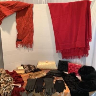 U - 1208 Ladies Clothing Lot - Evening Hand Bags, Scarves, Gloves 