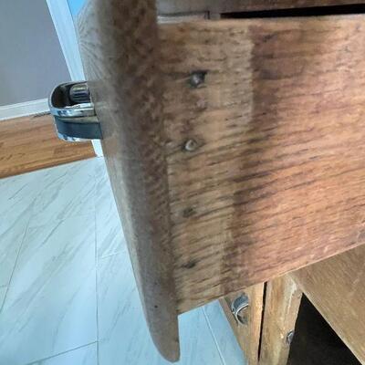 Lot 118 - Vintage Hoosier 2 Piece Oak Cabinet with Enamel Top