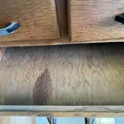 Lot 118 - Vintage Hoosier 2 Piece Oak Cabinet with Enamel Top