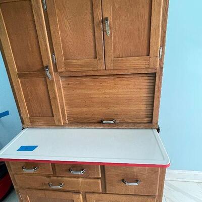 Lot 118 - Vintage Hoosier 2 Piece Oak Cabinet with Enamel Top