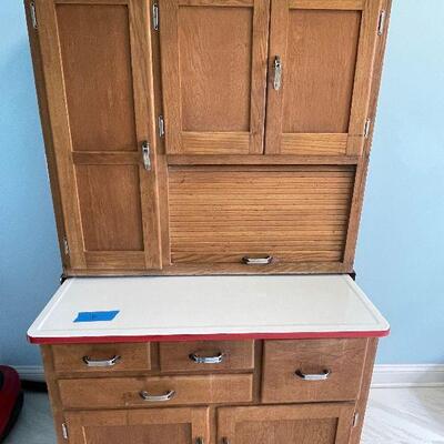 Lot 118 - Vintage Hoosier 2 Piece Oak Cabinet with Enamel Top