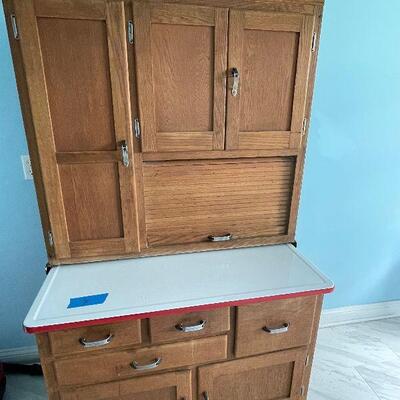 Lot 118 - Vintage Hoosier 2 Piece Oak Cabinet with Enamel Top