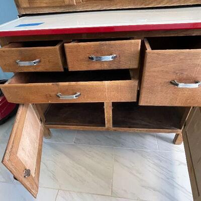 Lot 118 - Vintage Hoosier 2 Piece Oak Cabinet with Enamel Top