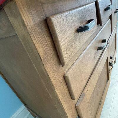 Lot 118 - Vintage Hoosier 2 Piece Oak Cabinet with Enamel Top