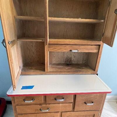 Lot 118 - Vintage Hoosier 2 Piece Oak Cabinet with Enamel Top
