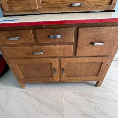 Lot 118 - Vintage Hoosier 2 Piece Oak Cabinet with Enamel Top