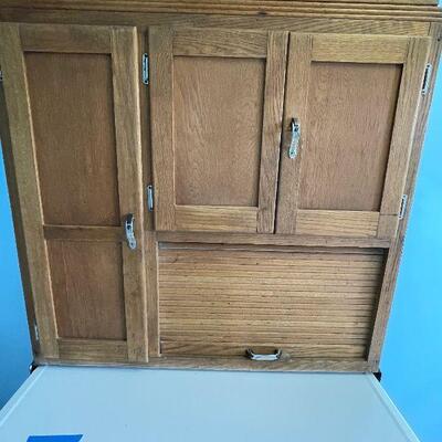 Lot 118 - Vintage Hoosier 2 Piece Oak Cabinet with Enamel Top