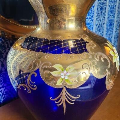 Lot 146: Antique Hand-Painted Cobalt Blue Glass Vase/Centerpiece (Huge) 