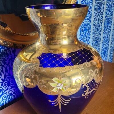 Lot 146: Antique Hand-Painted Cobalt Blue Glass Vase/Centerpiece (Huge) 