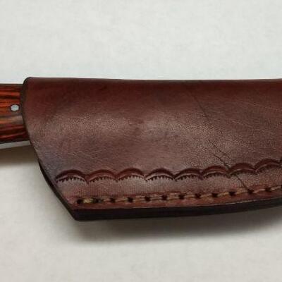 Custom Crafted Knife with Steel 4" Damascus Blade, Wood Handle, and Leather Sheath