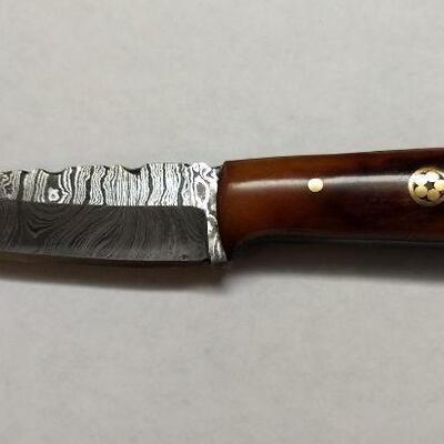 Custom Crafted Knife with Steel 3.5" Damascus Blade, Wood Handle, and Leather Sheath