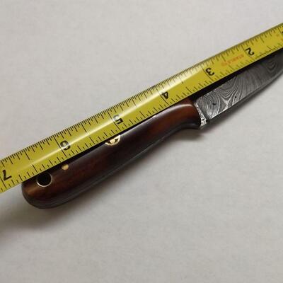 Custom Crafted Knife with Steel 3.5" Damascus Blade, Wood Handle, and Leather Sheath