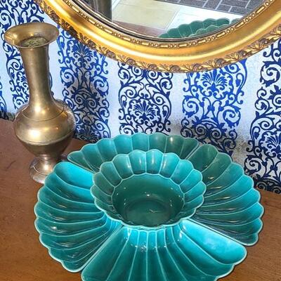 Lot 149: MCM California Pottery Lazy Susan and Brass/Sterling Vase. 
