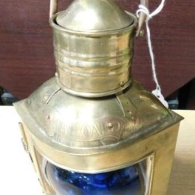 Brass Nautical Oil Lamp Starboard Side Blue Glass Globe