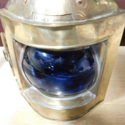 Brass Nautical Oil Lamp Starboard Side Blue Glass Globe