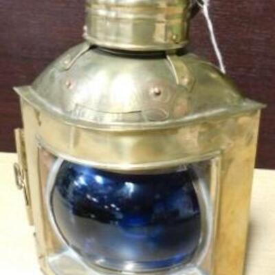 Brass Nautical Oil Lamp Starboard Side Blue Glass Globe