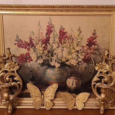 Lot 181: Vintage Asian Ginger Jar Artwork, Syroco Butterflies and Sconces.  