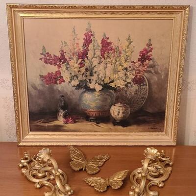 Lot 181: Vintage Asian Ginger Jar Artwork, Syroco Butterflies and Sconces.  