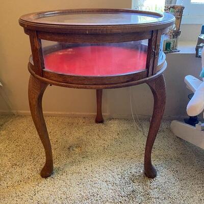 Curio Shadow Box End Table Vintage Round Glass Display Case Accent Table