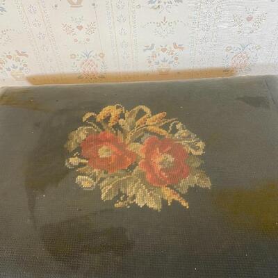 Vintage Floral Needlepoint Covered Wood Foot Stool Ottoman