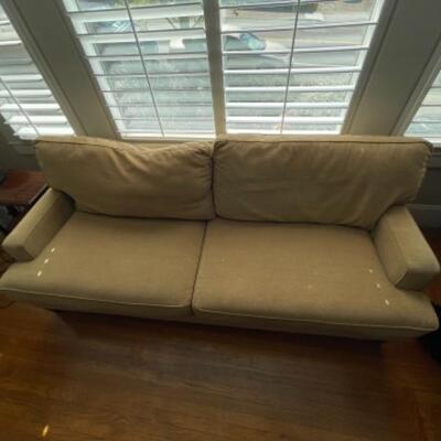 Lot 1LD.  7-foot mid-Century butter-colored wool upholstery (tiny burn hole on one cushion)--$23.75